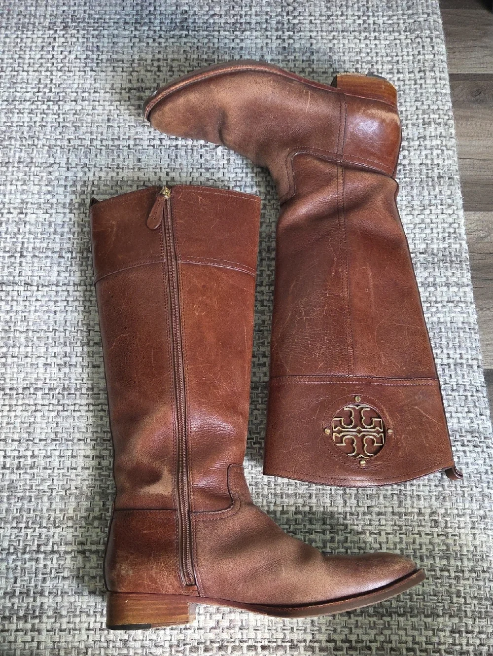 Tory Burch Kiernan Brown Tumbled Leather Riding Boots Size 10
